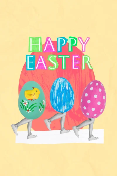 Template Banner Collage Three Headless People Walking Drawing Colored Eggs — Stock Photo, Image