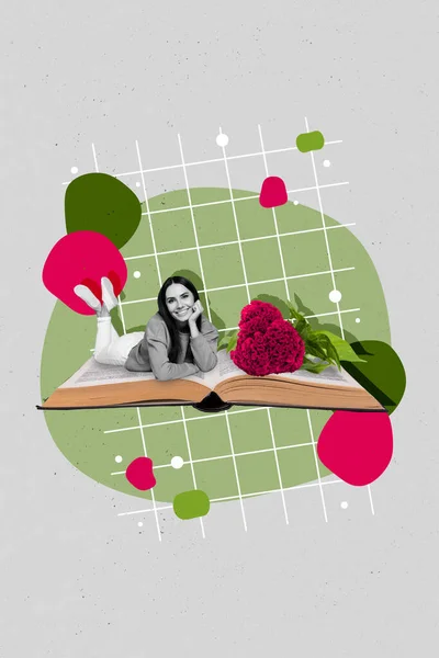 Creatieve Collage Van Jong Meisje Liegen Boek Lente Bloesem Literatuur — Stockfoto