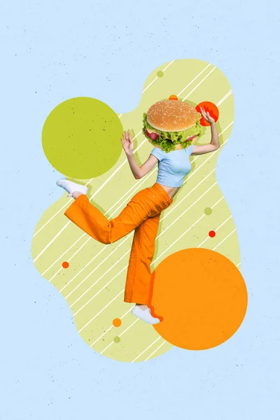 Композитна Реклама Розроблена Фотоколаж Голови Леді Гамбургер Салат Салат Сендвіч — стокове фото
