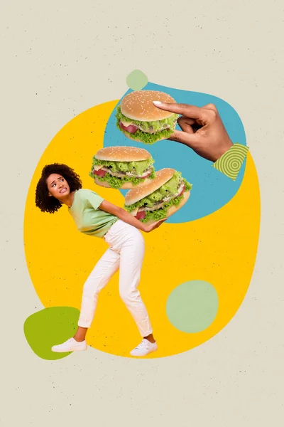 若い神経少女の複合コラージュ写真は いくつかのハンバーガーを保持不健康なファーストフードレストランは 背景を描く上で孤立ビストロを運ぶ — ストック写真