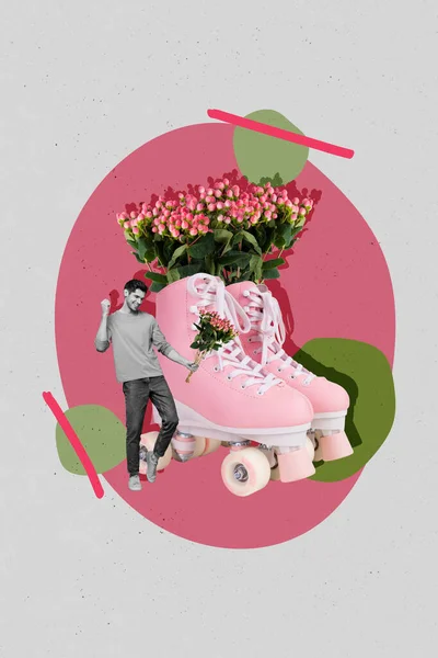 Kreatywne Zdjęcie Reklama Młody Facet Trzymać Bukiet Świeże Kwiaty Międzynarodowe — Zdjęcie stockowe
