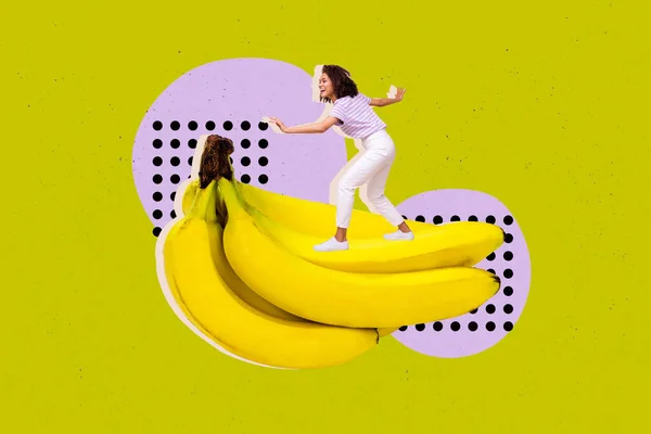 Retrato Collage Creativo Alegre Mini Niña Emocionada Pie Enorme Plátano —  Fotos de Stock