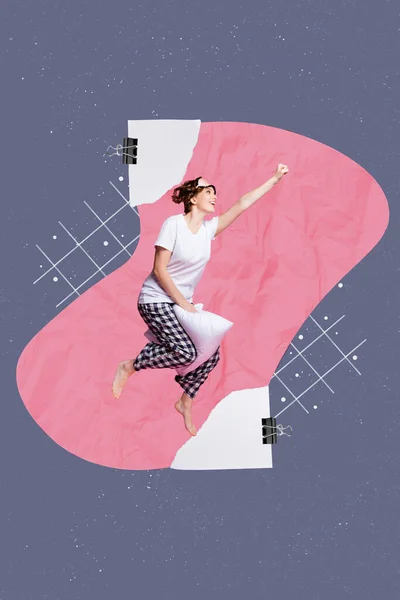 Verticale Collage Foto Van Vrolijk Opgewonden Meisje Zitten Vliegend Kussen — Stockfoto