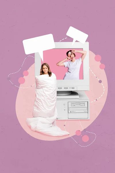 Roze Foto Poster Collage Van Familie Video Oproep Retro Computer — Stockfoto