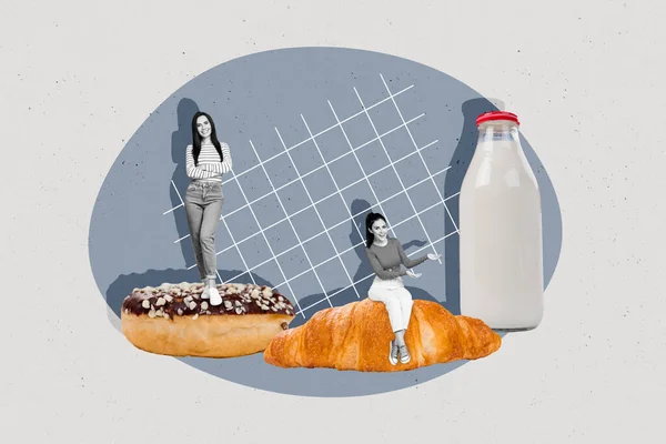 两只小型正色黑人女孩的创意拼贴肖像 展示巨大的玻璃瓶牛奶羊角面包釉面甜甜圈 — 图库照片