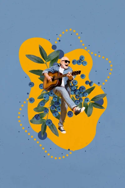 Collage Compuesto Del Viejo Pensionista Siente Joven Tocando Instrumento Música — Foto de Stock