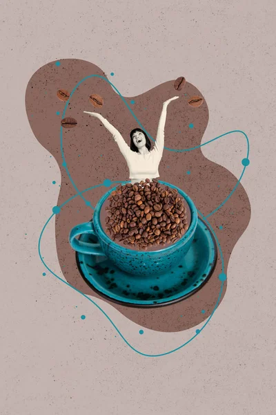 縦コラージュ画像のミニ励起正黒白色の女の子大新鮮なコーヒー豆カップ孤立した絵の背景 — ストック写真