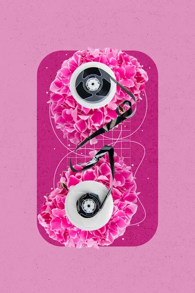 基于创意背景的老式盒式磁带粉红鲜花垂直拼贴图像 — 图库照片