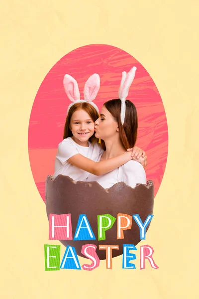 Composite collage advert greeting mother hold daughter wear bunny ears kisses cheeks inside chocolate happy easter isolated on yellow background.