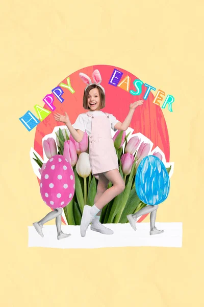 Colagem Brochura Pequena Criança Pré Adolescente Andando Com Dois Ovos — Fotografia de Stock