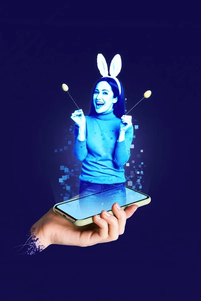 Heyecanlı Genç Bir Kadının Kolajı Tavşan Kulaklığı Takar Çubuk Piksellerde — Stok fotoğraf