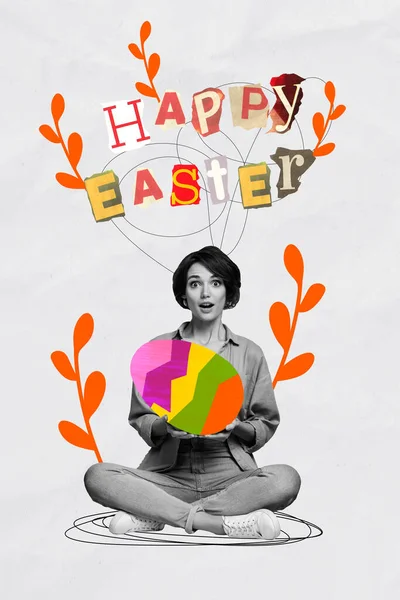 Kreatywne Grafiki Kolaż Młodej Dziewczyny Siedzi Trzymać Ręcznie Wielkanoc Malowane — Zdjęcie stockowe
