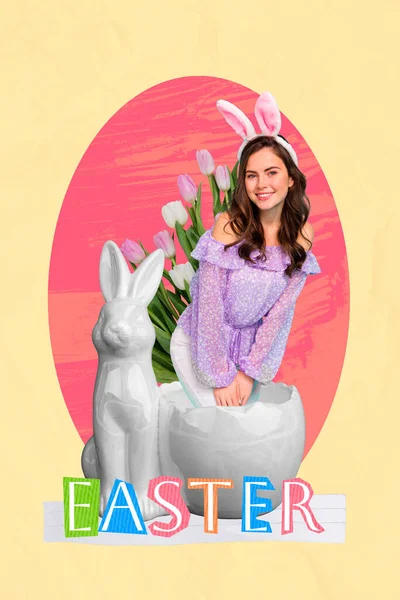 Vertical banner creative collage girlish cute lady festive wear rabbit ears decor white sculpture bunny fresh tulips isolated on yellow background.