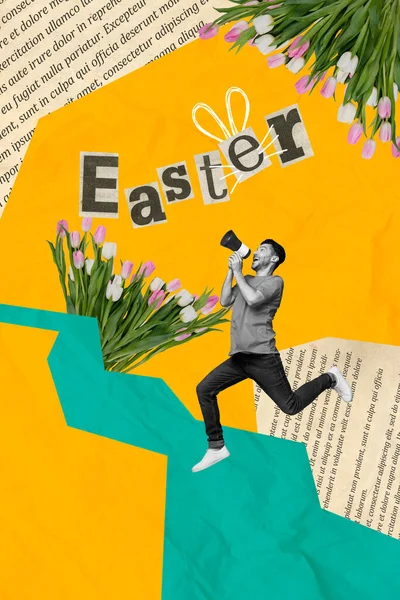 Vertikale Foto Collage Von Feiernden Frühling Junger Kerl Ostern Zeit — Stockfoto