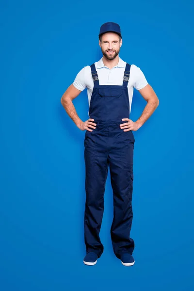 Full Size Fullbody Portrait Attractive Cheerful Deliver Blue Uniform Stubble — Stock Photo, Image