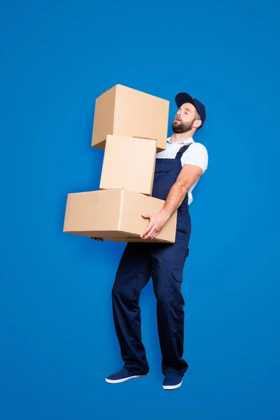 Ganzkörperporträt Des Geschäftigen Attraktiven Lieferanten Blauer Uniform Mit Stoppeln Mit — Stockfoto
