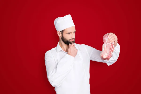 Portrait Pensive Thoughtful Butcher Having Fresh Meat Hand Looking Tenderloin — Stock Photo, Image