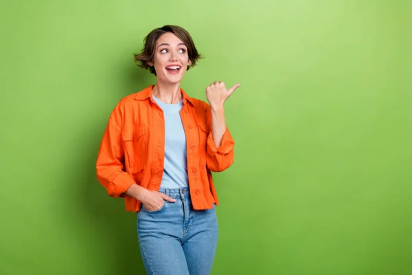 Photo Positive Lovely Lady Wear Orange Trendy Outfit Thumb Direct — Stock Photo, Image