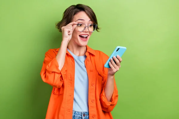 Photo Funky Excited Lady Dressed Jeans Shirt Communicating Modern Gadget — Stock Photo, Image