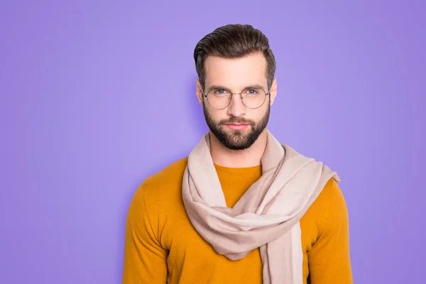 Portrait Stylish Attractive Stylist Sweater Gasses Scarf Neck Looking Camera — Stock Photo, Image