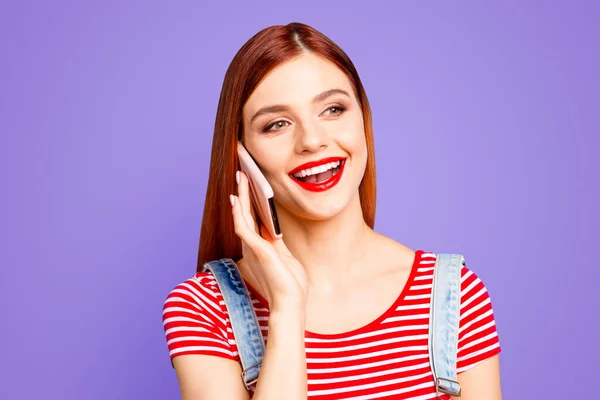 Portrait Nice Vivid Girlish Red Straight Haired Excited Happy Smiling — Stock Photo, Image