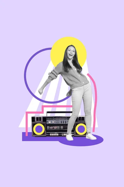 Gülümseyen Pozitif Kadının Dikey Yaratıcı Kolaj Görüntüsü Eğlenceler Müzik Kutusu — Stok fotoğraf