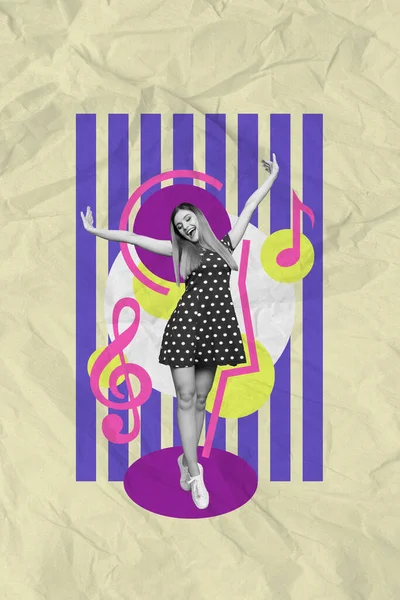 Rétro Abstrait Modèle Illustration Créative Collage Femme Excitée Lever Les — Photo