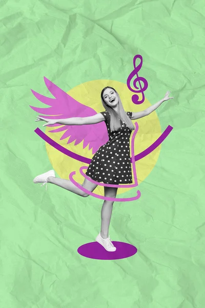 Kreativ Abstrakt Mall Collage Glada Leende Kvinnlig Flygande Luft Fågel — Stockfoto