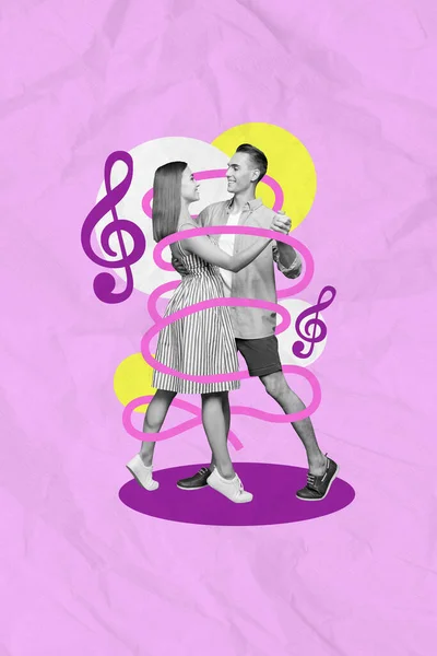 ダンス若いカップルのボーイフレンドの恋人ワルツタンゴの複合コラージュイメージは楽しい愛を持っています日付エンターテイメントディスコリズム音楽 — ストック写真