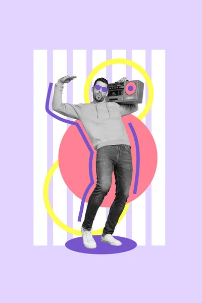Kreatywny Abstrakcyjny Szablon Kolaż Taniec Mężczyzna Trzymać Boombox Zabawy Party — Zdjęcie stockowe
