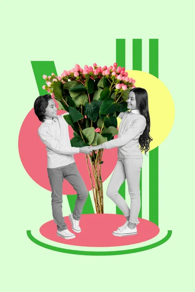 Tendance Créative Collage Petit Garçon Fille Bouquet Fleurs Fraîche Mars — Photo