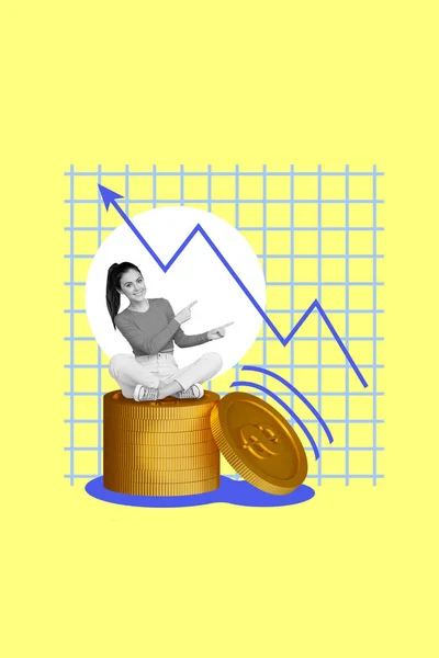 Vertical collage image of mini black white colors girl sit huge pile stack money coins point fingers growing arrow upwards.