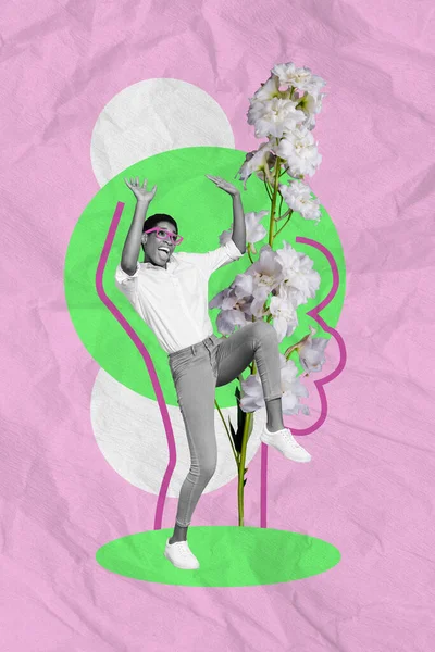 Kompozytowe Kolaż Obraz Podekscytowany Emocjonalne Kobieta Kwiaty Kwiaciarnia Zabawy Kwiat — Zdjęcie stockowe