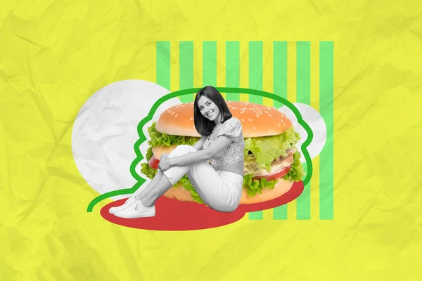 Foto Collage Composito Mini Nero Bianco Gamma Ragazza Enorme Hamburger — Foto Stock