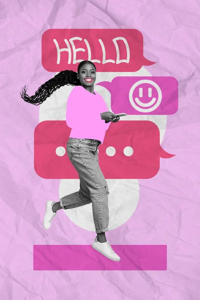 Creatieve Abstracte Template Collage Van Opgewonden Gekke Vrouw Running Springen — Stockfoto