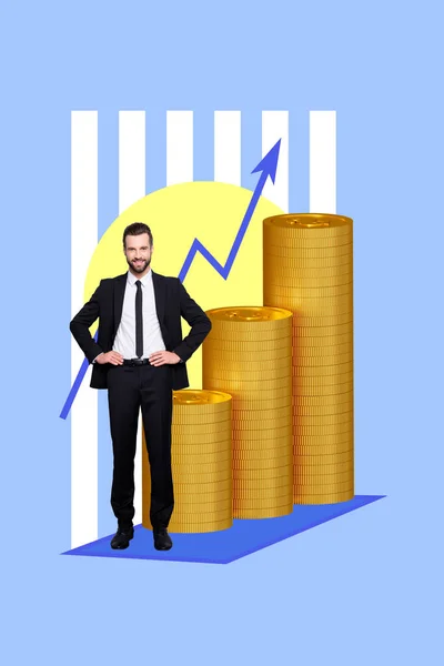 Vertical collage portrait of mini confident guy wear suit big pile stack money coins growing arrow upwards isolated on blue background.