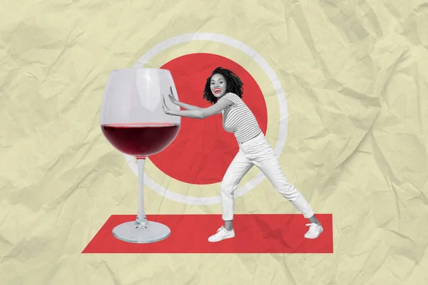 Samengestelde Collage Beeld Van Wandelen Duwen Wijn Glas Alcohol Partij — Stockfoto