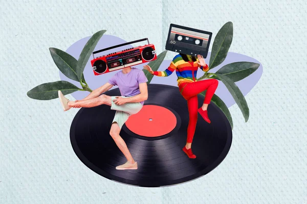 Modèle Collage Bannière Créative Hipsters Dansant Sans Tête Rétro Cassette — Photo