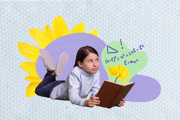 Composite photo artwork minimal collage of young dreamy little schoolgirl reading planner copybook look geometry formulas isolated on blue background.