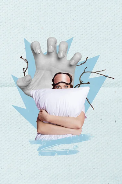 Photo Cartoon Comics Sketch Collage Picture Scared Lady Hiding Pillow — Stock Photo, Image