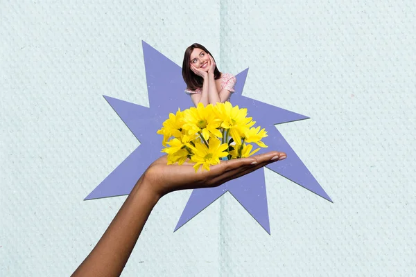 創造的な3D写真アートワークグラフィックコラージュ笑顔の女性の絵画座って腕の花を楽しんで孤立した図面の背景 — ストック写真