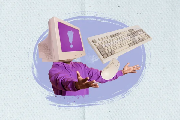 用机械键盘鼠标隔离蓝色背景的科拉奇模板广告上瘾有趣的无头用户计算机监视器 — 图库照片