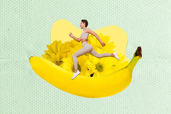 배경에 속도로 바나나 주스를 달리는 선수의 콜라주 — 스톡 사진