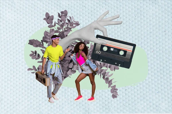 Composite Artwork Collage Design Youngsters Dancing Have Fun Listen Retro — Stock Photo, Image