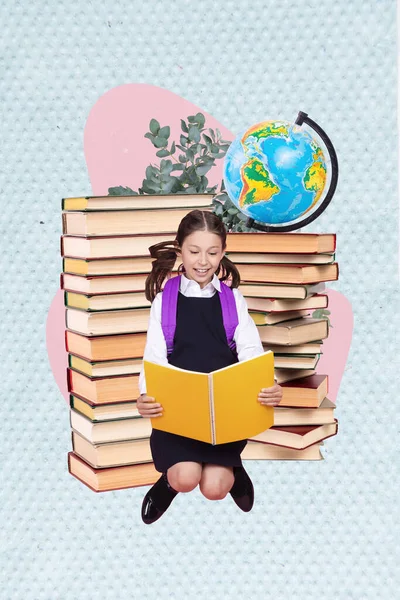 Verticale Foto Collage Van Jonge Tiener Schoolmeisje Houden Dagboek Lezen — Stockfoto
