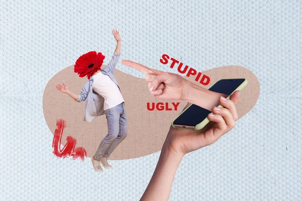 Creative collage minimal template of young headless red flower funny man smartphone app cyberbullying aggression isolated on blue color background.