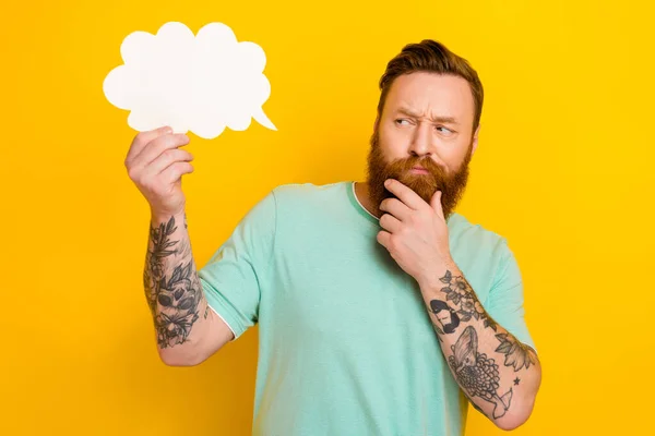 Photo Minded Creative Man Arm Touch Beard Chin Look Empty — Stock Photo, Image