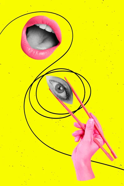 アジアの棒で目を食べる匿名の匿名の人の創造的な明るい画像のコラージュ人間の知覚の概念 — ストック写真