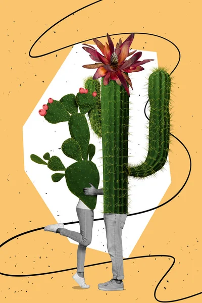 Creativo Collage Imágenes Extrañas Personas Cariñosas Con Cuerpo Cactus Desértico —  Fotos de Stock