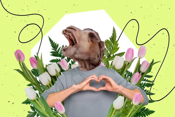 Creative picture template collage of crazy boyfriend with moose face scream love proposal make heart fingers sign tulips bunch.
